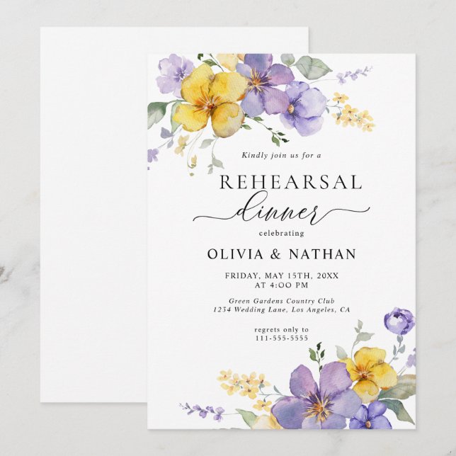 Lavender Floral Golden Yellow Rehearsal Dinner Invitation (Front/Back)