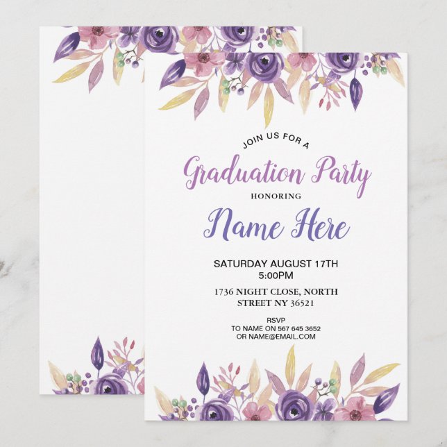 Lavender Floral Graduation Party Invite Flowers (Front/Back)