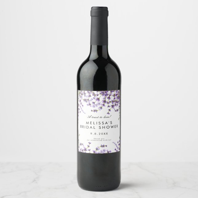 lavender floral greenery bridal shower bottle wine label (Front)