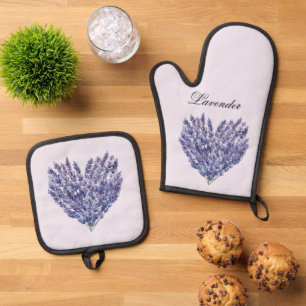 Lavender Floral Heart Oven Mitt & Pot Holder Set