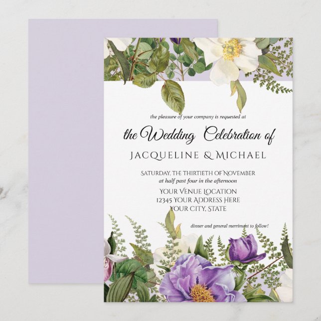 Lavender Floral Ivory Wedding Rose Peony w Foliage Invitation (Front/Back)