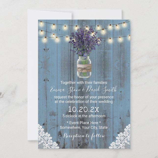 Lavender Floral Jar Dusty Blue Laced Barn Wedding Invitation (Front)