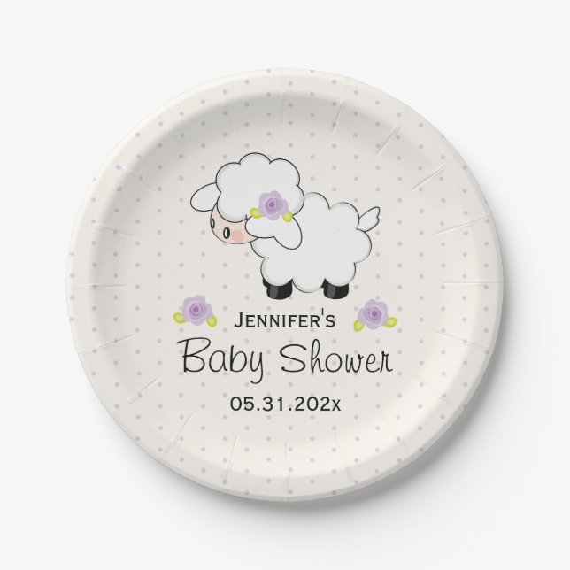 Lavender Floral Lamb Baby Shower Paper Plate (Front)