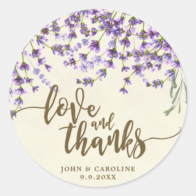 lavender floral love and thanks favors sticker (Front)