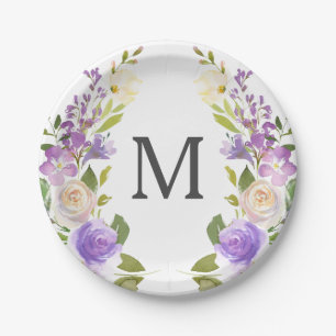 Lavender Floral Monogram Bridal Shower Paper Plate