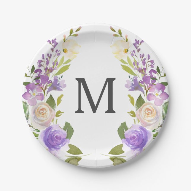 Lavender Floral Monogram Bridal Shower Paper Plate (Front)