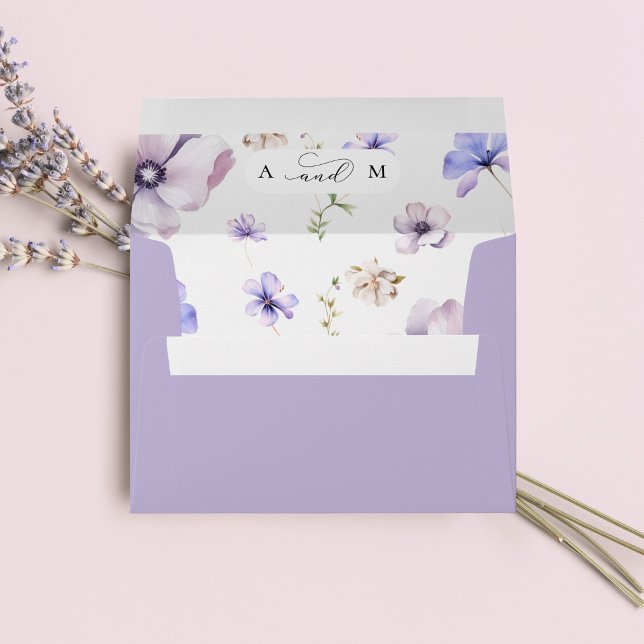 Lavender Floral & Monogram Elegant Purple Wedding Envelope (Creator Uploaded)