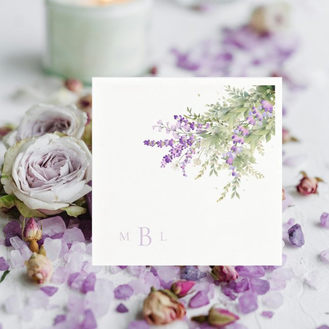 Lavender Floral Monogram Wedding Cocktail Napkin (Creator Uploaded)