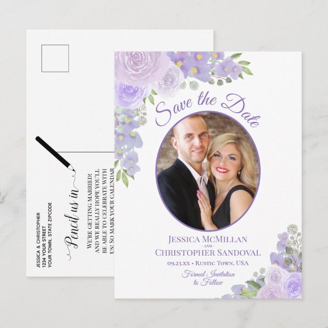 Lavender Floral Oval Photo Wedding Save the Date Announcement Postcard (Front/Back)