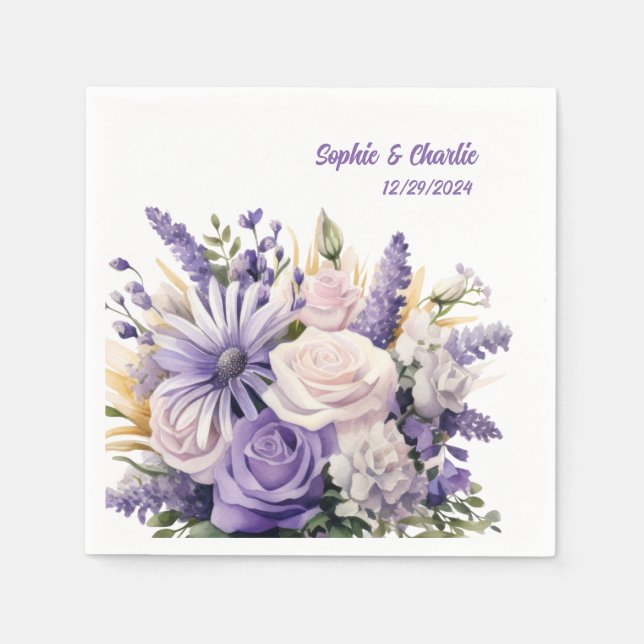 Lavender Floral Personalised Wedding Napkin (Front)