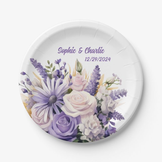 Lavender Floral Personalised Wedding Plates (Front)