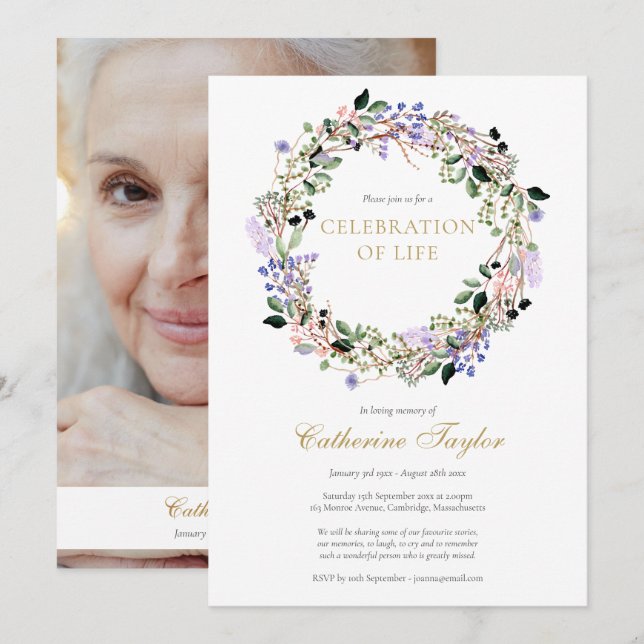 Lavender Floral Photo Celebration of Life Funeral Invitation (Front/Back)