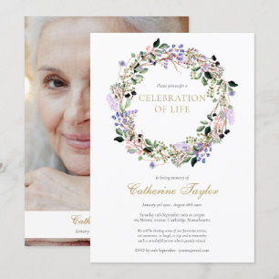 Lavender Floral Photo Celebration of Life Funeral Invitation