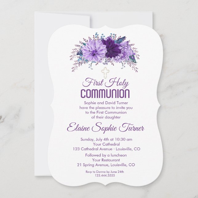 Lavender Floral Plum Purple First Holy Communion Invitation (Front)