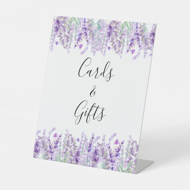 Lavender Floral Purple Green Cards Gifts Wedding Pedestal Sign (Front)