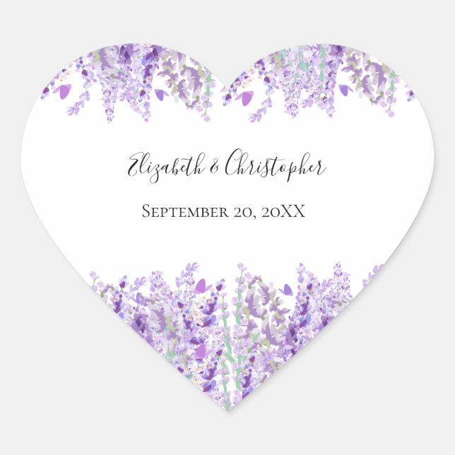 Lavender Floral Purple Green Wedding Heart Sticker (Front)