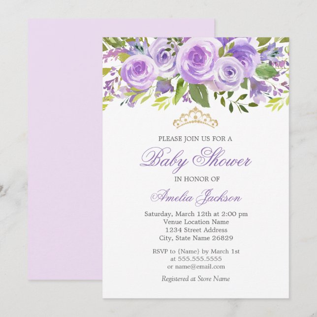 Lavender Floral Rose Girl Baby Shower Invitation (Front/Back)