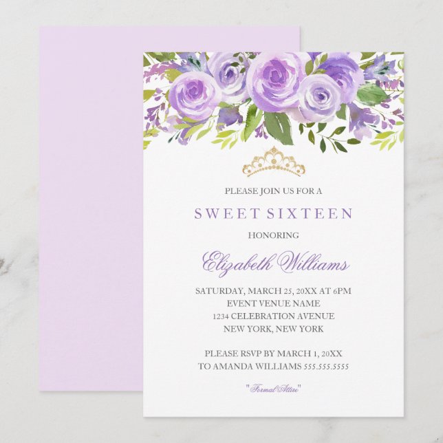 Lavender Floral Rose Sweet Sixteen Invitation (Front/Back)