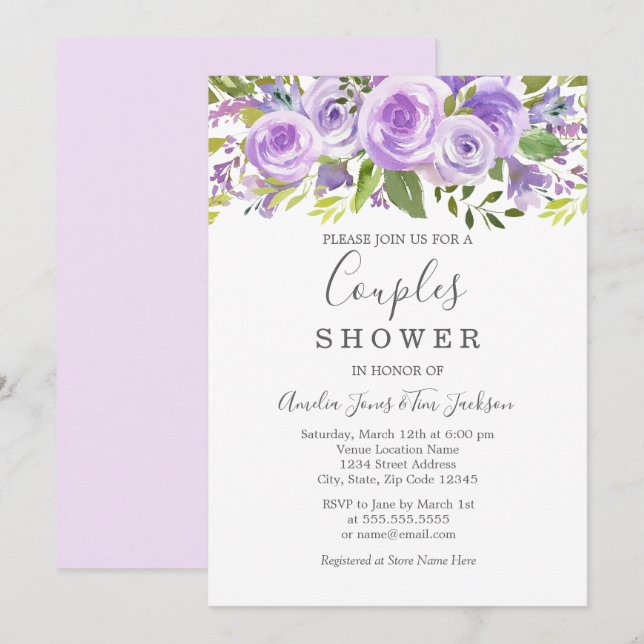 Lavender Floral Rose Wedding Couples Shower Invitation (Front/Back)