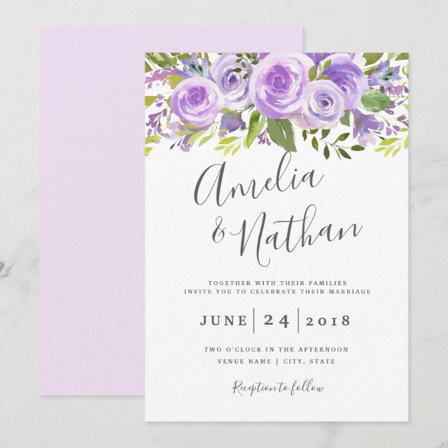 Lavender Floral Rose Wedding Invitation (Front/Back)