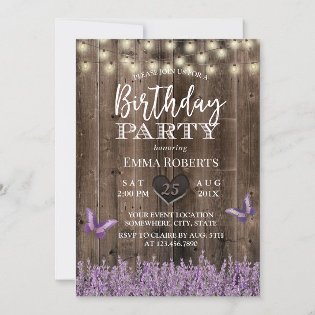 Lavender Floral Rustic Barn Wood Birthday Invitation (Front)