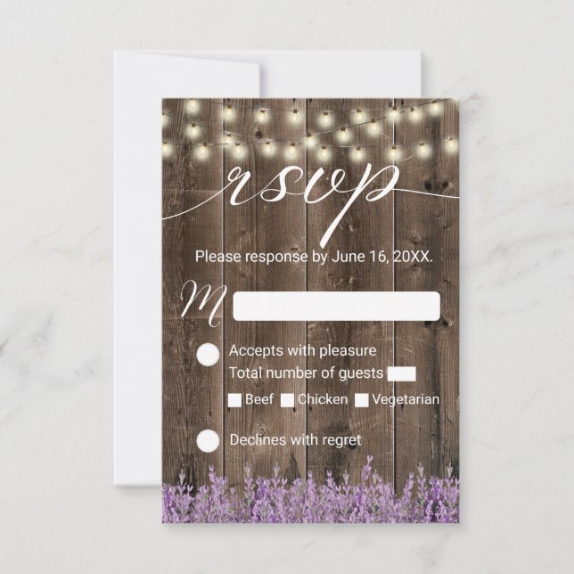 Lavender Floral Rustic String Lights Wedding RSVP Card (Front)