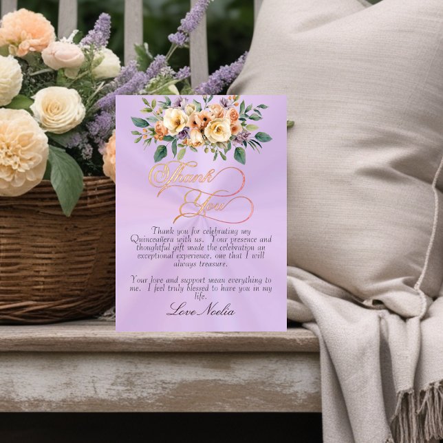 Lavender - Floral & Silver Tiara Quinceanera Thank You Card (Creator Uploaded)