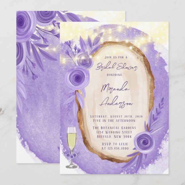 Lavender Floral String Of Light Bridal Shower Invitation (Front/Back)