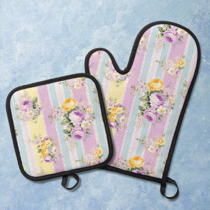 Lavender Floral Striped Oven Mitt & Pot Holder Set