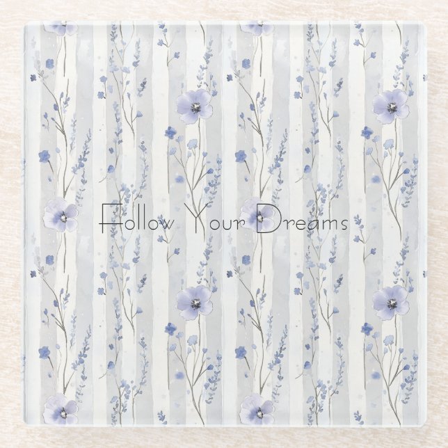 Lavender Floral Stripes Glass Coaster (Front)
