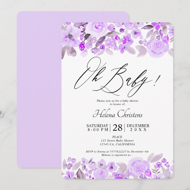 Lavender floral watercolor baby shower invitation (Front/Back)