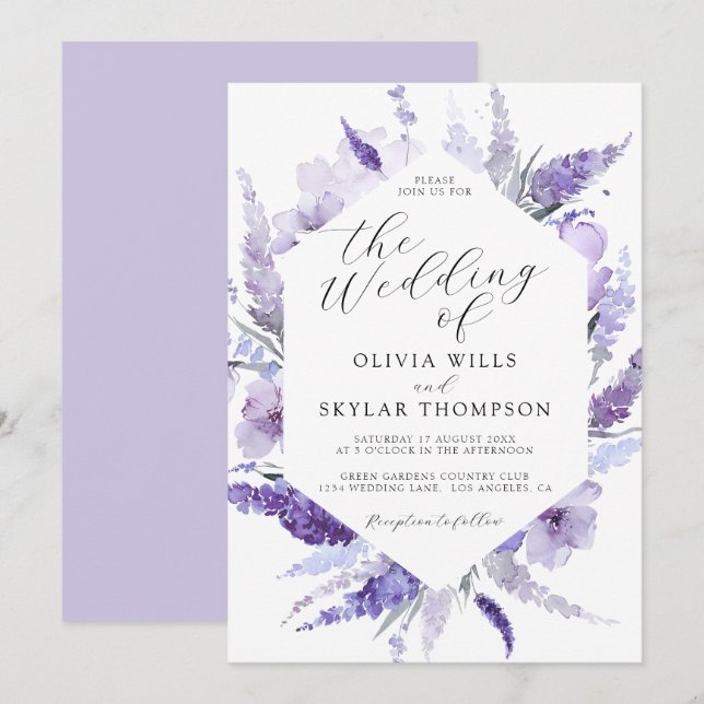Lavender Floral Watercolor Botanical Boho Wedding  Invitation (Front/Back)