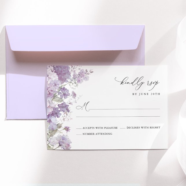 Lavender Floral Watercolor Elegant Wedding RSVP Card (Lavender floral wedding RSVP card with watercolor hydrangea, lilac purple elegant wedding stationery)