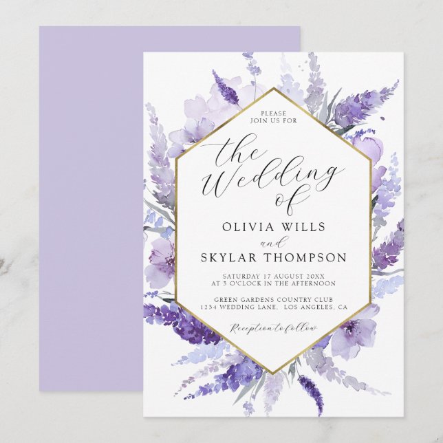 Lavender Floral Watercolor Gold Frame Wedding  Invitation (Front/Back)