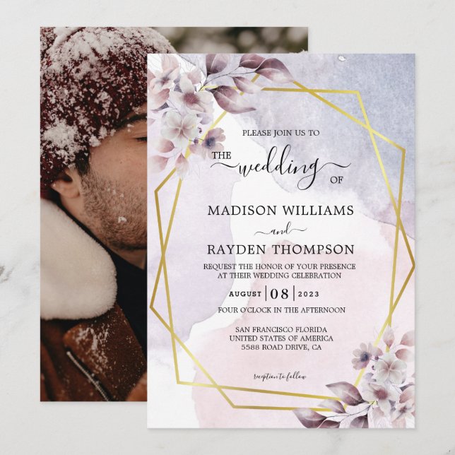 Lavender Floral Watercolor Gold Geometric Wedding Invitation (Front/Back)
