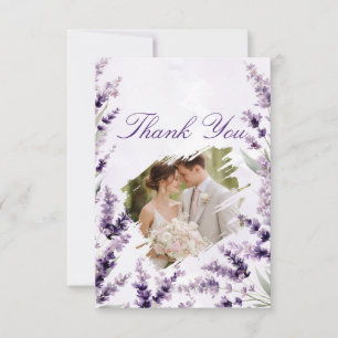 Lavender Floral Watercolor Photo Wedding Thank You Card