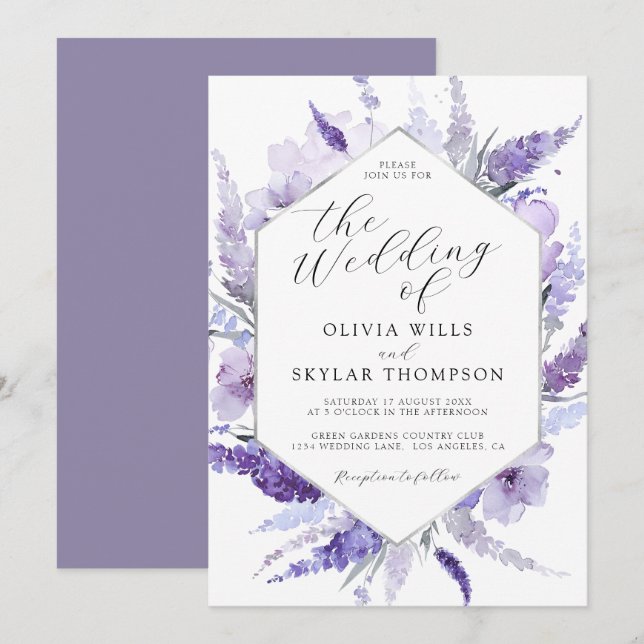 Lavender Floral Watercolor Silver Frame Wedding  Invitation (Front/Back)