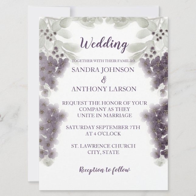 Lavender Floral Watercolor Wedding Invitation (Front)