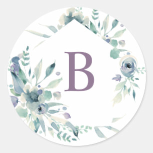 Lavender Floral Watercolor Wreath Monogram Classic Round Sticker