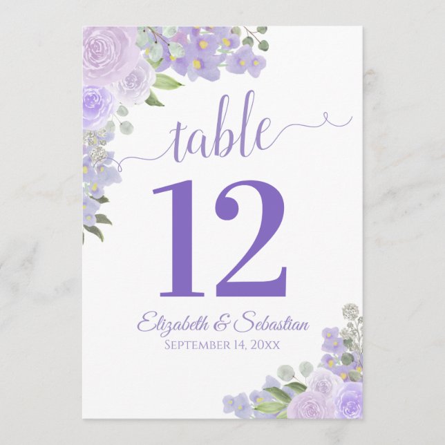 Lavender Floral Wedding Table Number Card Large (Front)