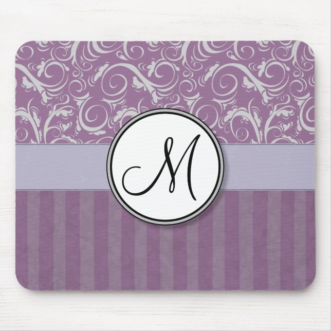 Lavender Floral Wisps & Stripes with Monogram Mouse Mat (Front)