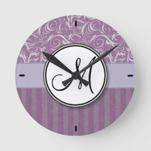 Lavender Floral Wisps & Stripes with Monogram Round Clock