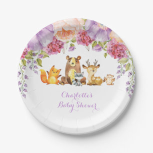Lavender Floral Woodland Animals Baby Shower Paper Plate