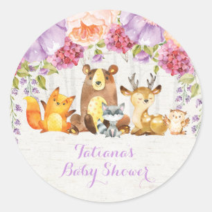 Lavender Floral Woodland Baby Animals Thank You Classic Round Sticker