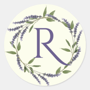 Lavender Floral Wreath Monogram Classic Round Sticker