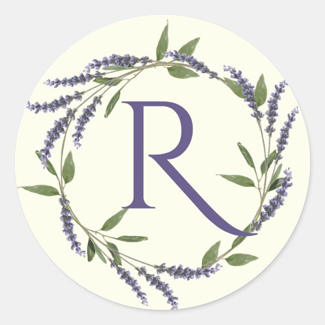 Lavender Floral Wreath Monogram Classic Round Sticker (Front)