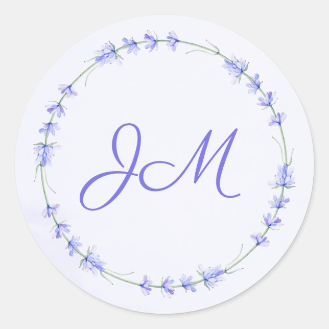 Lavender Floral Wreath Monogram Wedding Stickers (Front)