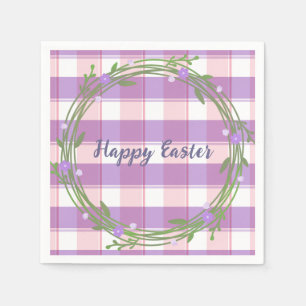 Lavender Floral Wreath Pink Check Custom Easter Napkin