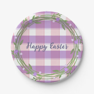 Lavender Floral Wreath Pink Check Custom Easter Paper Plate