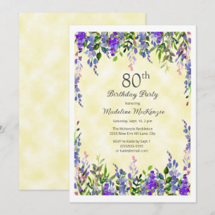 Lavender Floral Yellow 80th Birthday Party Invitation